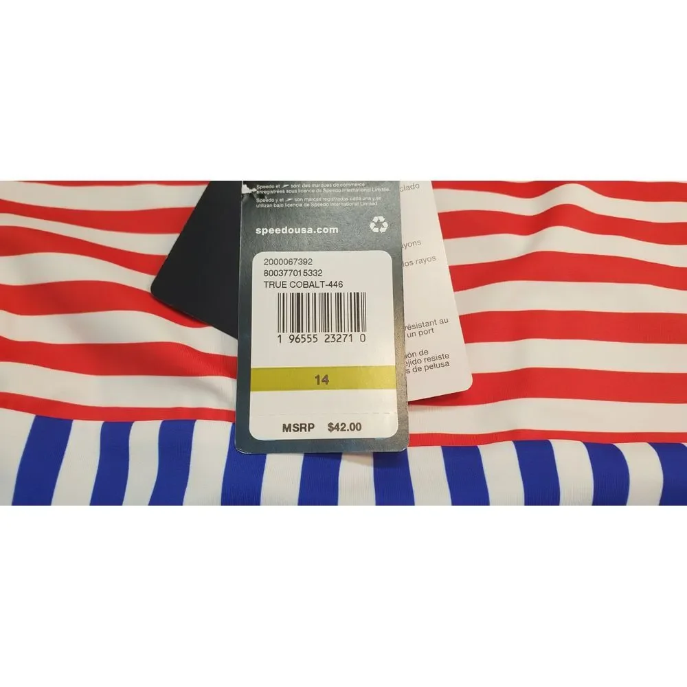 Speedo Girls' Striped Blocked 1 Piece Swimsuit Red White Blue SZ 14 NWT MSRP 42‎
